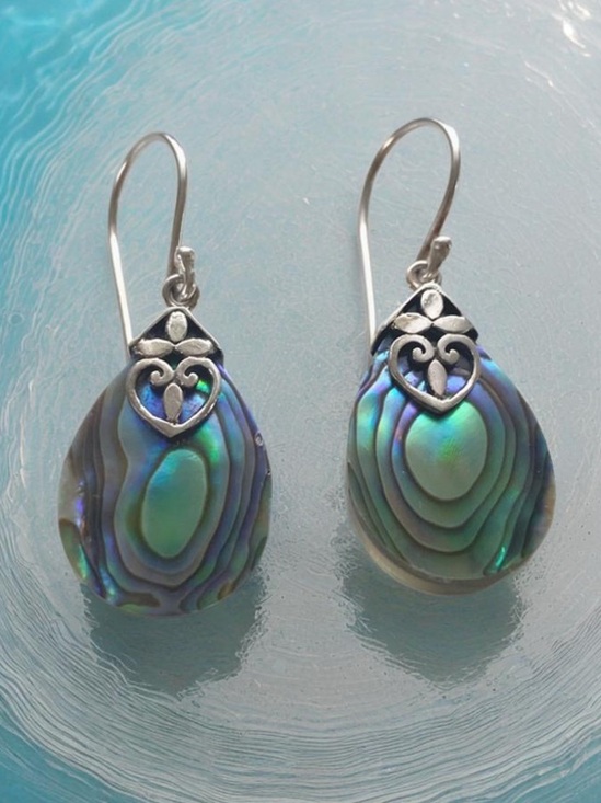 925 Sterling Silver Jewelry - Sterling Silver Abalone Teardrop Earrings - Iridescent Green-Blue